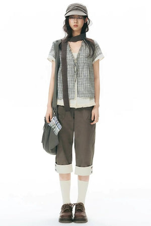 Ruffled Plaid V-Neck Shirt