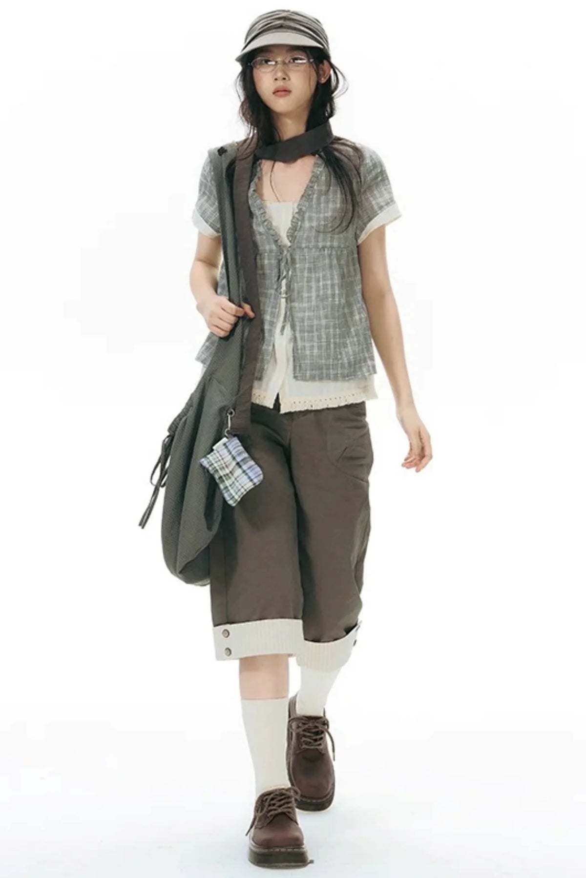 Ruffled Plaid V-Neck Shirt