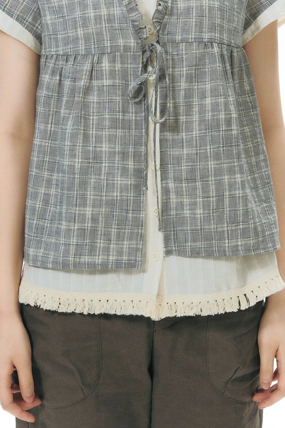 Ruffled Plaid V-Neck Shirt