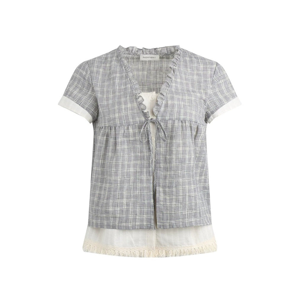 Ruffled Plaid V-Neck Shirt