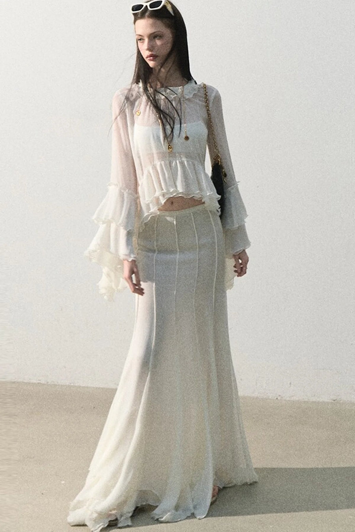 Ruffled Sheer Top And Skirt Set-Up