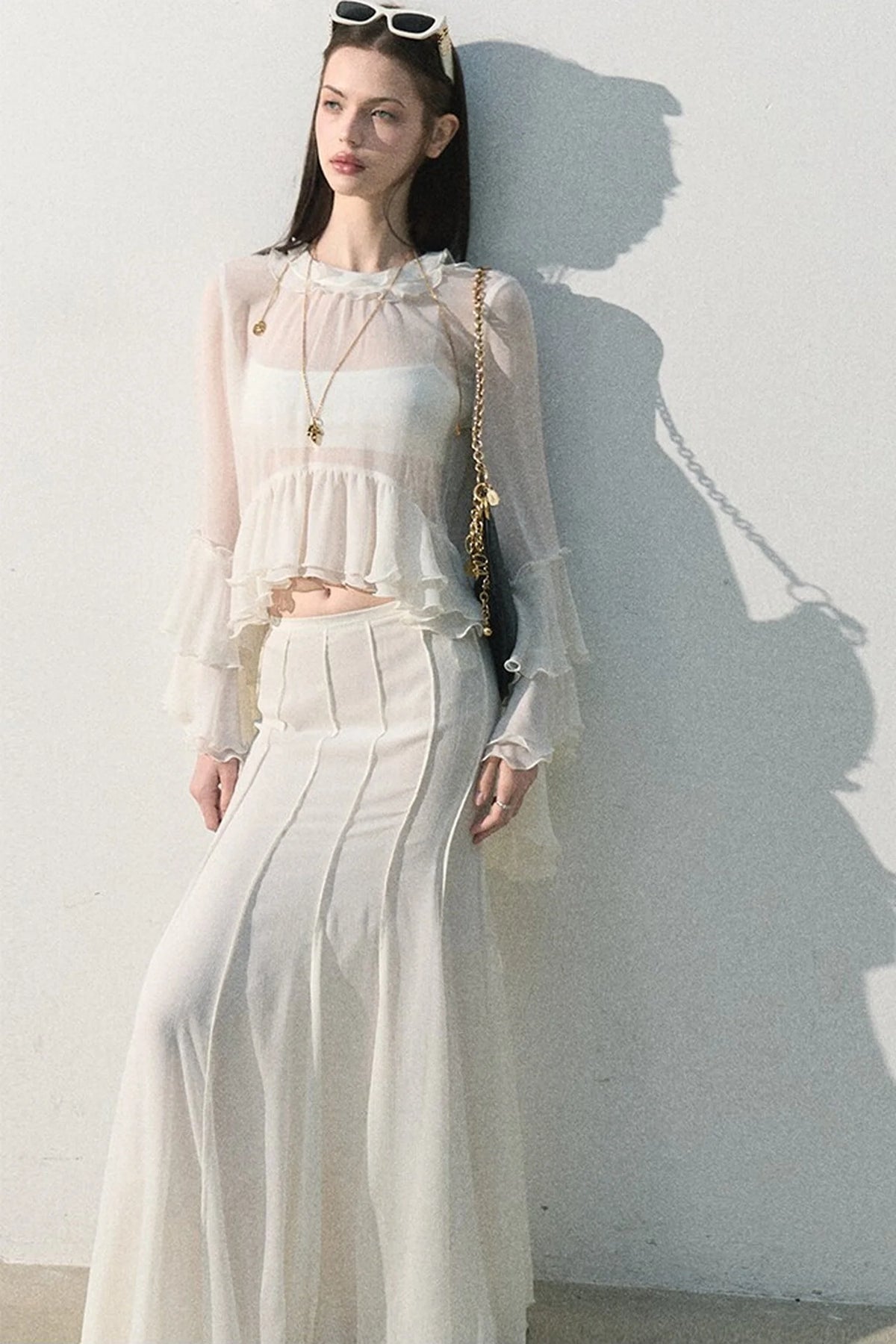 Ruffled Sheer Top And Skirt Set-Up