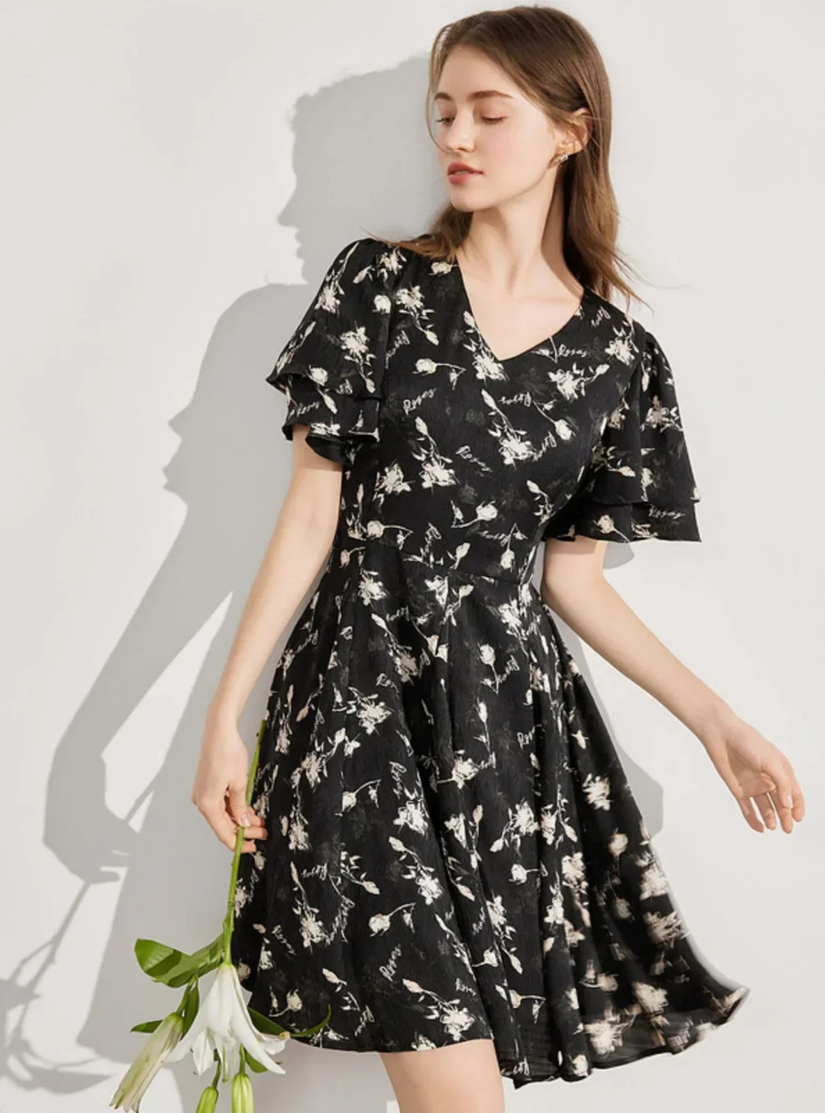 Ruffled Sleeve A-Line Dress