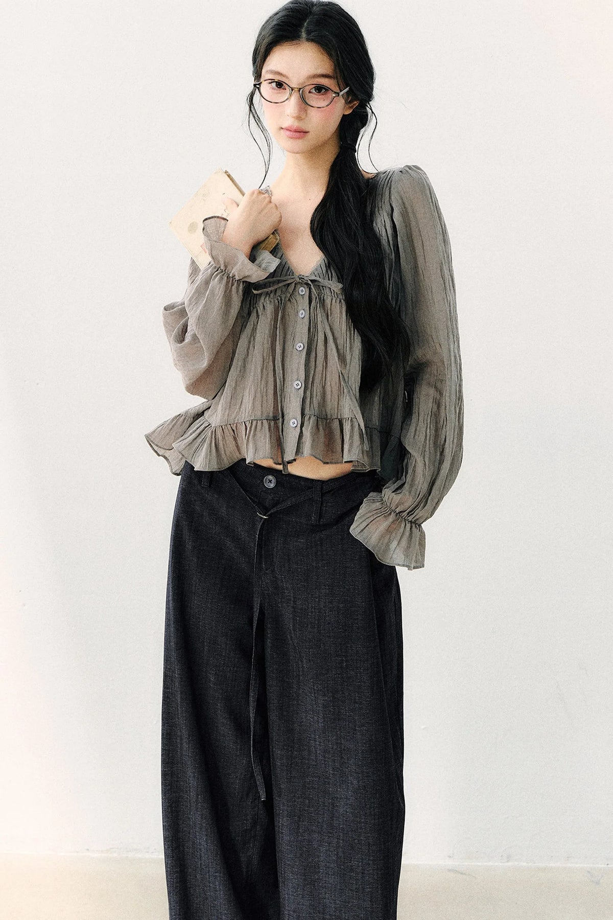 Ruffled V-Neck Long-Sleeved Chiffon Top