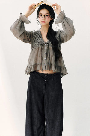 Ruffled V-Neck Long-Sleeved Chiffon Top