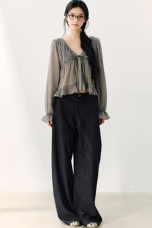 Ruffled V-Neck Long-Sleeved Chiffon Top