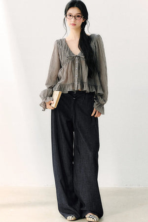 Ruffled V-Neck Long-Sleeved Chiffon Top