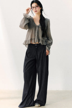Ruffled V-Neck Long-Sleeved Chiffon Top