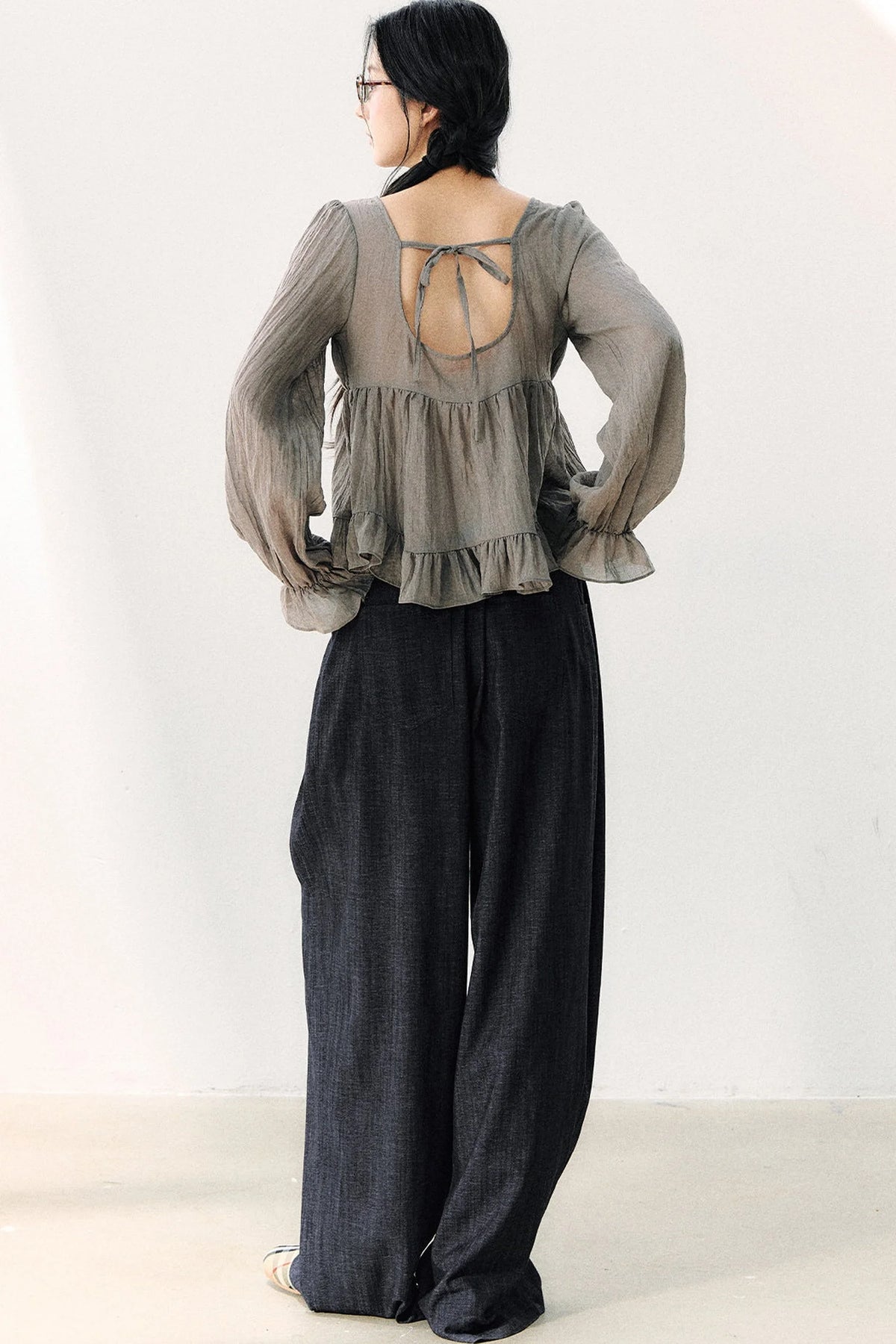 Ruffled V-Neck Long-Sleeved Chiffon Top