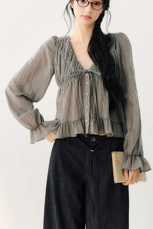 Ruffled V-Neck Long-Sleeved Chiffon Top