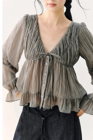 Ruffled V-Neck Long-Sleeved Chiffon Top