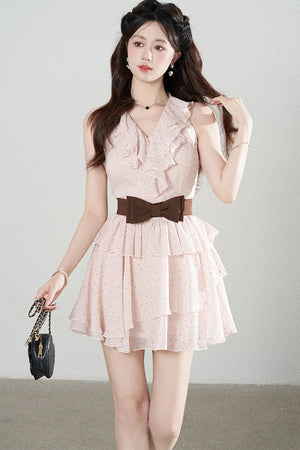 Ruffled V-Neck Pink Polka Dot Tiered Dress
