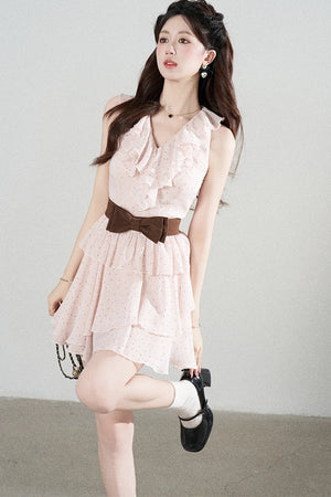 Ruffled V-Neck Pink Polka Dot Tiered Dress