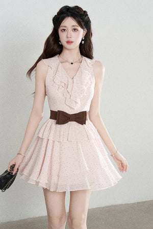 Ruffled V-Neck Pink Polka Dot Tiered Dress