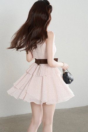 Ruffled V-Neck Pink Polka Dot Tiered Dress