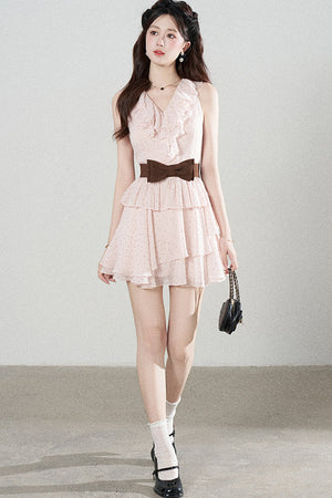 Ruffled V-Neck Pink Polka Dot Tiered Dress