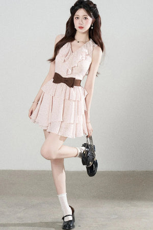 Ruffled V-Neck Pink Polka Dot Tiered Dress