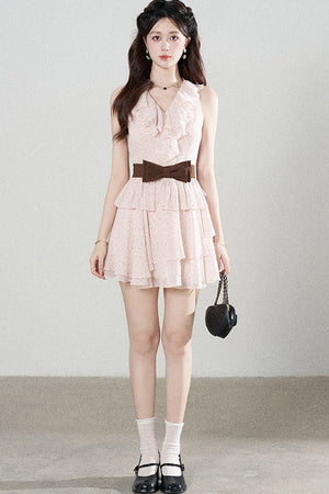 Ruffled V-Neck Pink Polka Dot Tiered Dress