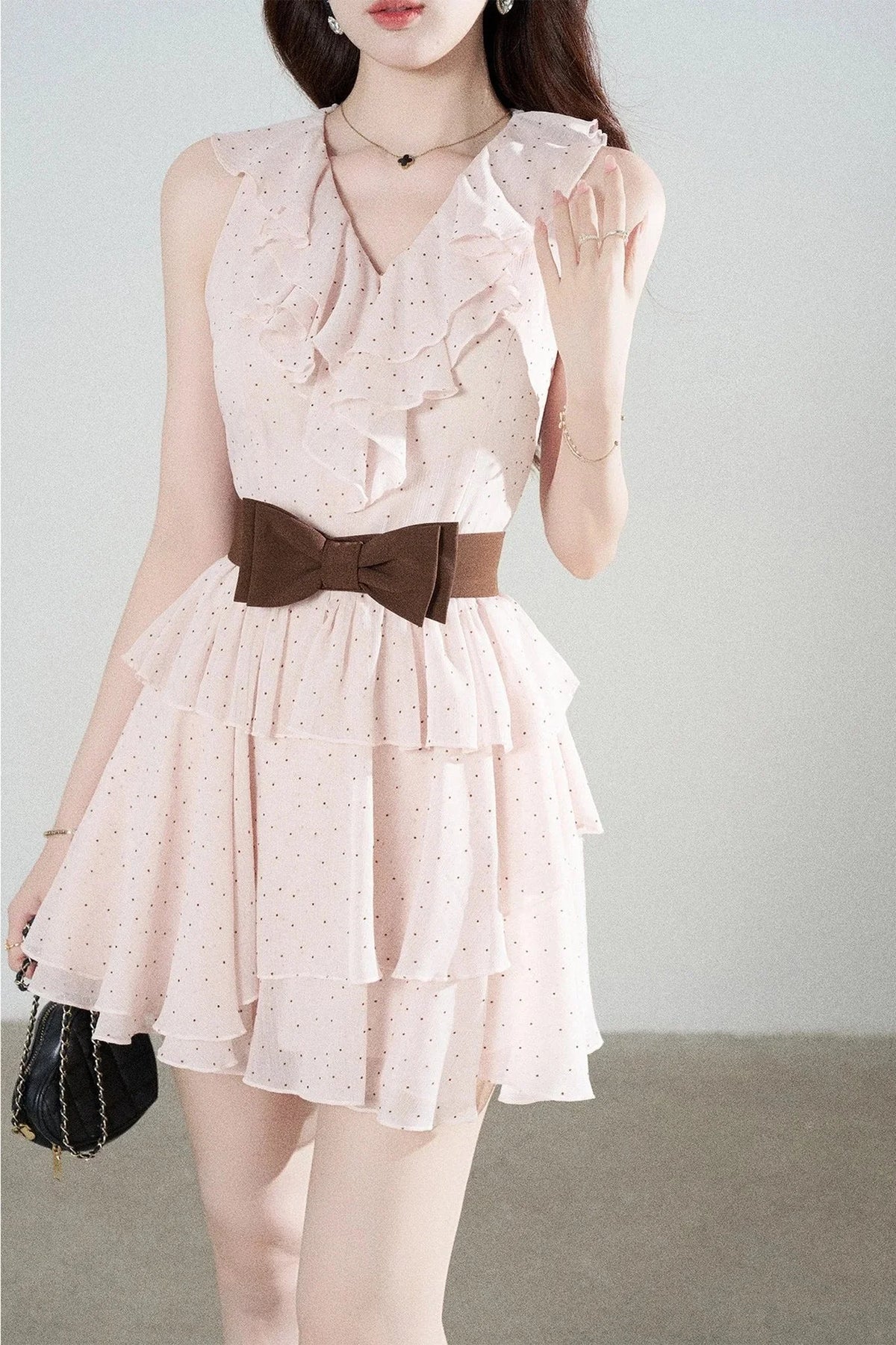 Ruffled V-Neck Pink Polka Dot Tiered Dress