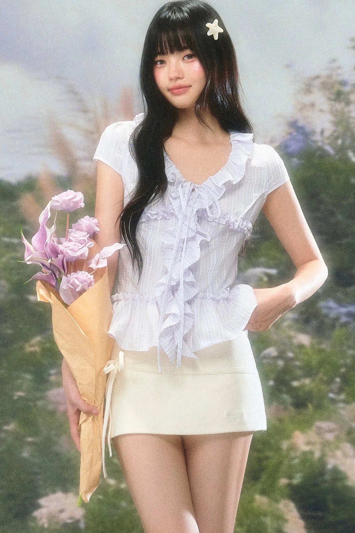 Ruffled V-Neck Short-Sleeve Summer Top Set-Up