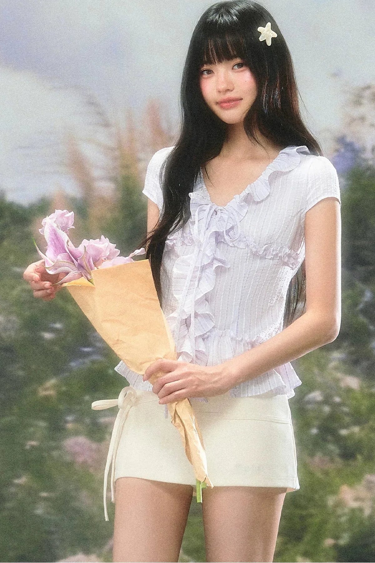 Ruffled V-Neck Short-Sleeve Summer Top Set-Up
