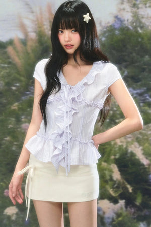 Ruffled V-Neck Short-Sleeve Summer Top Set-Up
