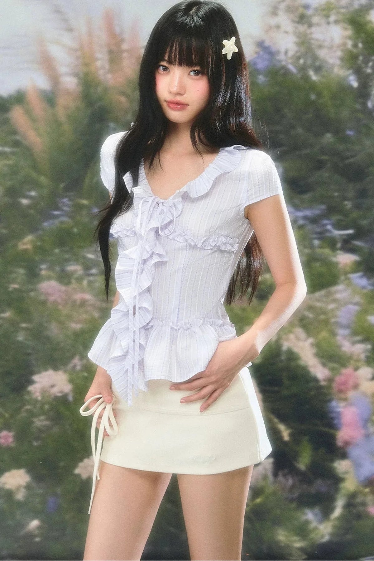 Ruffled V-Neck Short-Sleeve Summer Top Set-Up
