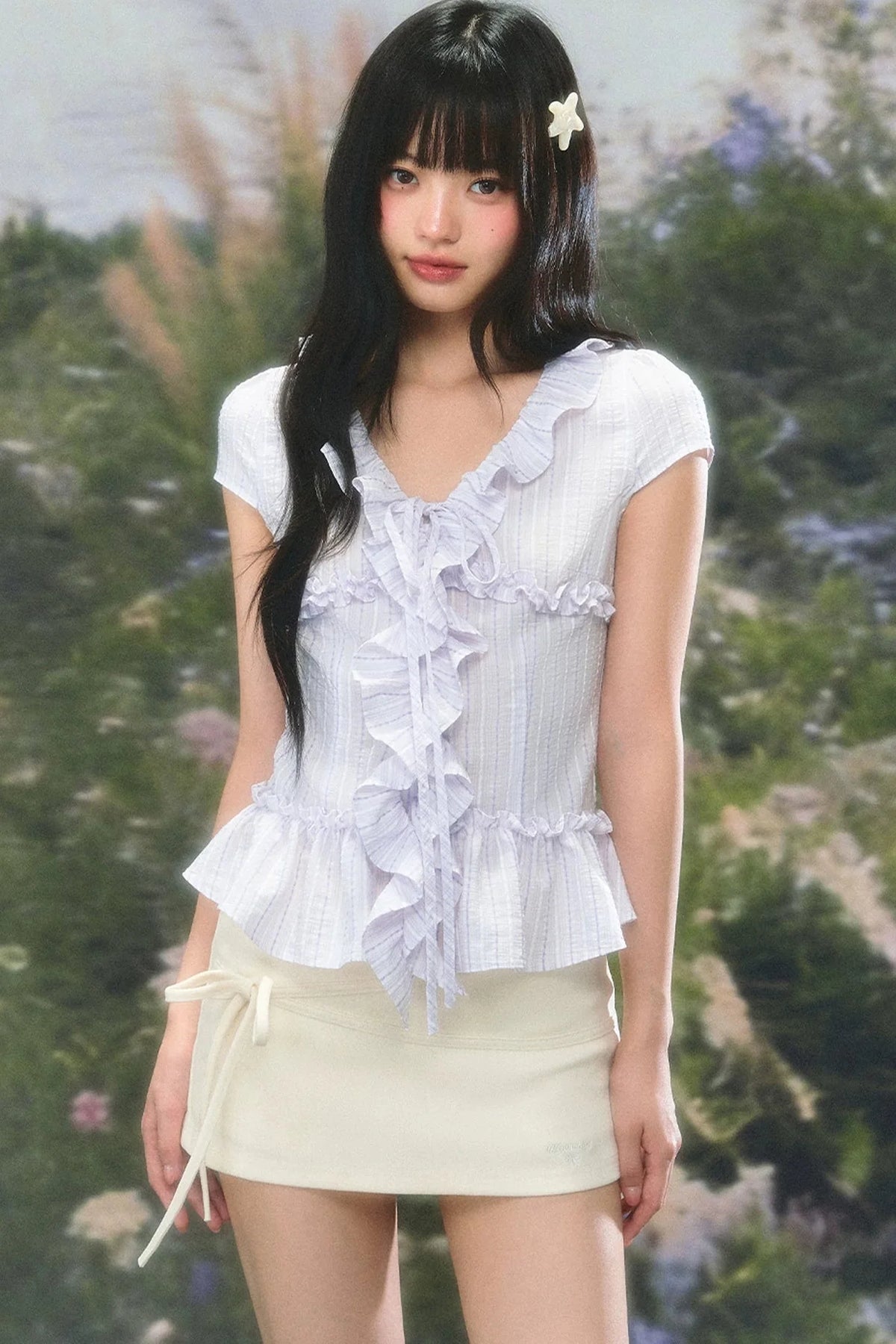 Ruffled V-Neck Short-Sleeve Summer Top Set-Up
