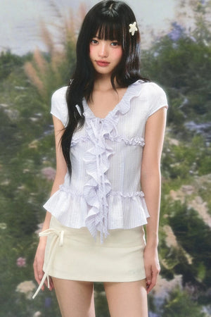 Ruffled V-Neck Short-Sleeve Summer Top Set-Up