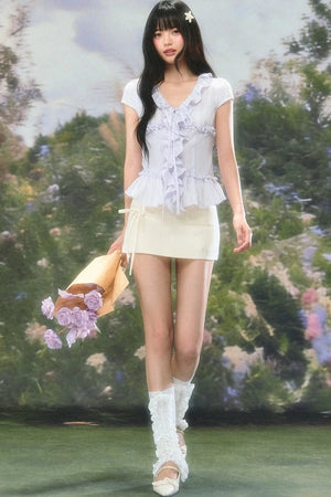 Ruffled V-Neck Short-Sleeve Summer Top Set-Up