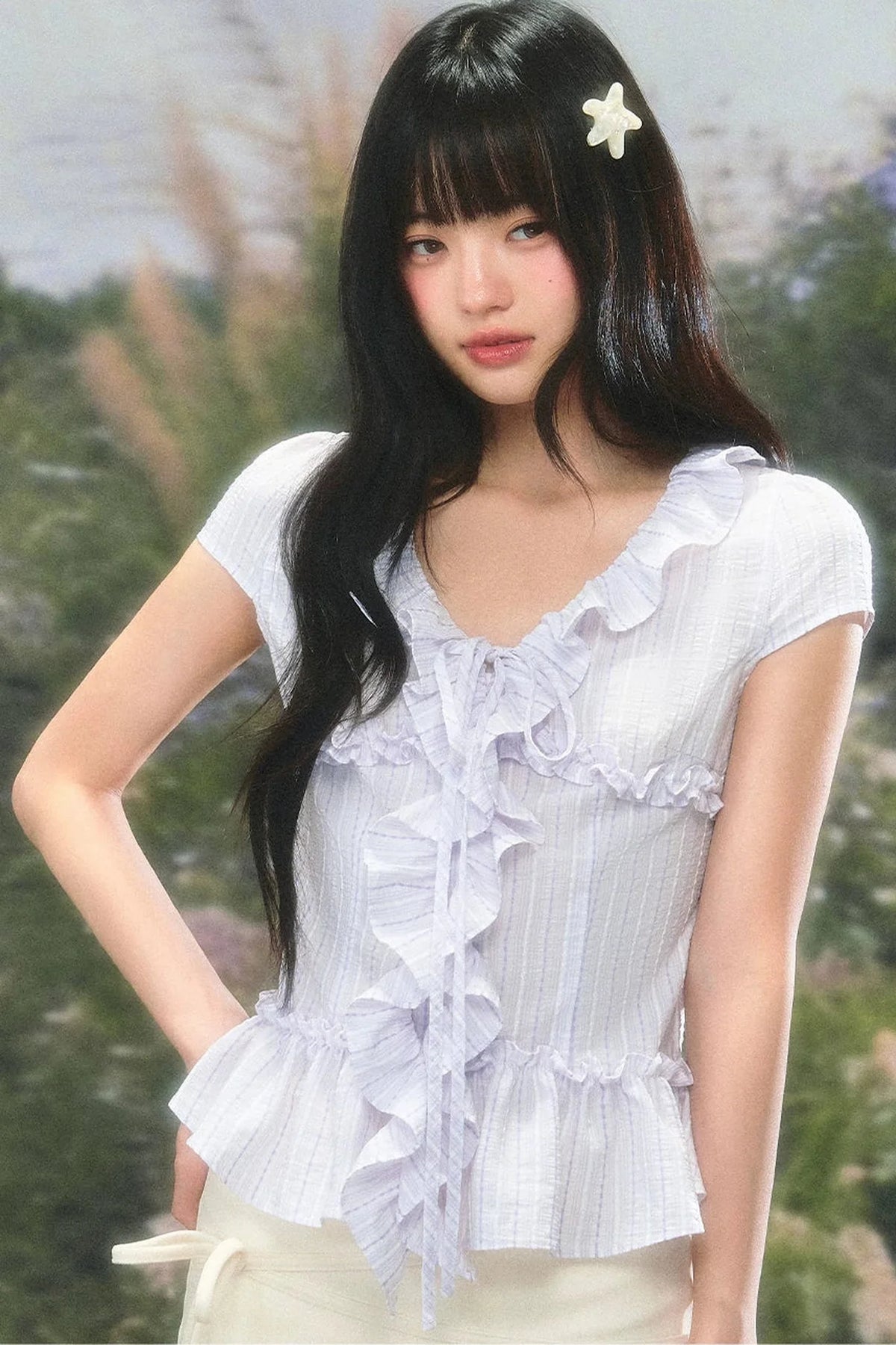 Ruffled V-Neck Short-Sleeve Summer Top Set-Up