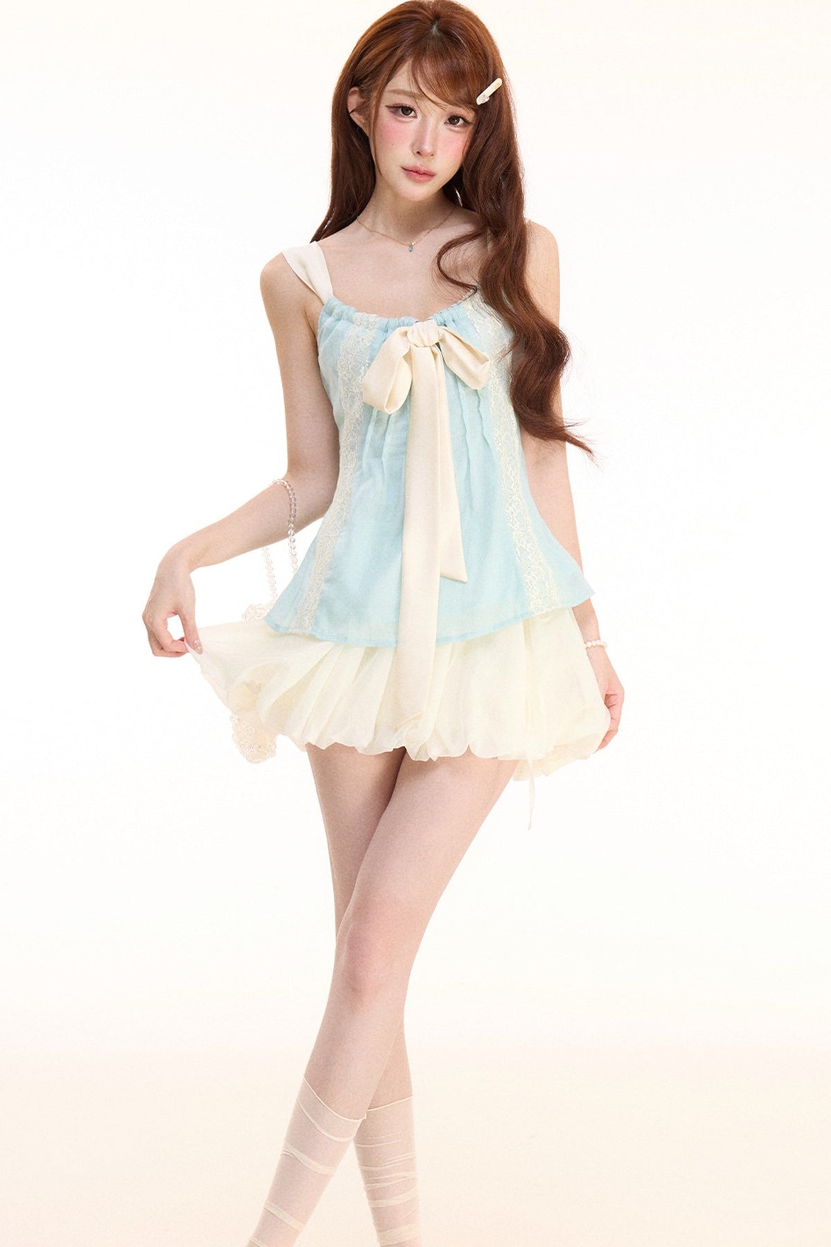 Satin Bow Lace Camisole and Flower Bud Skirt Set-Up