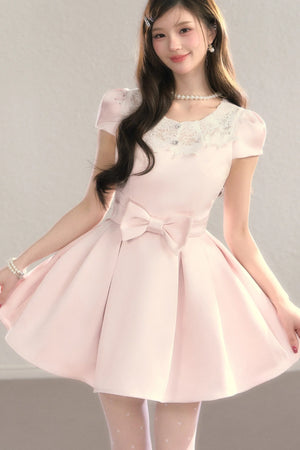 Satin Embroidery Bow A-Line Dress