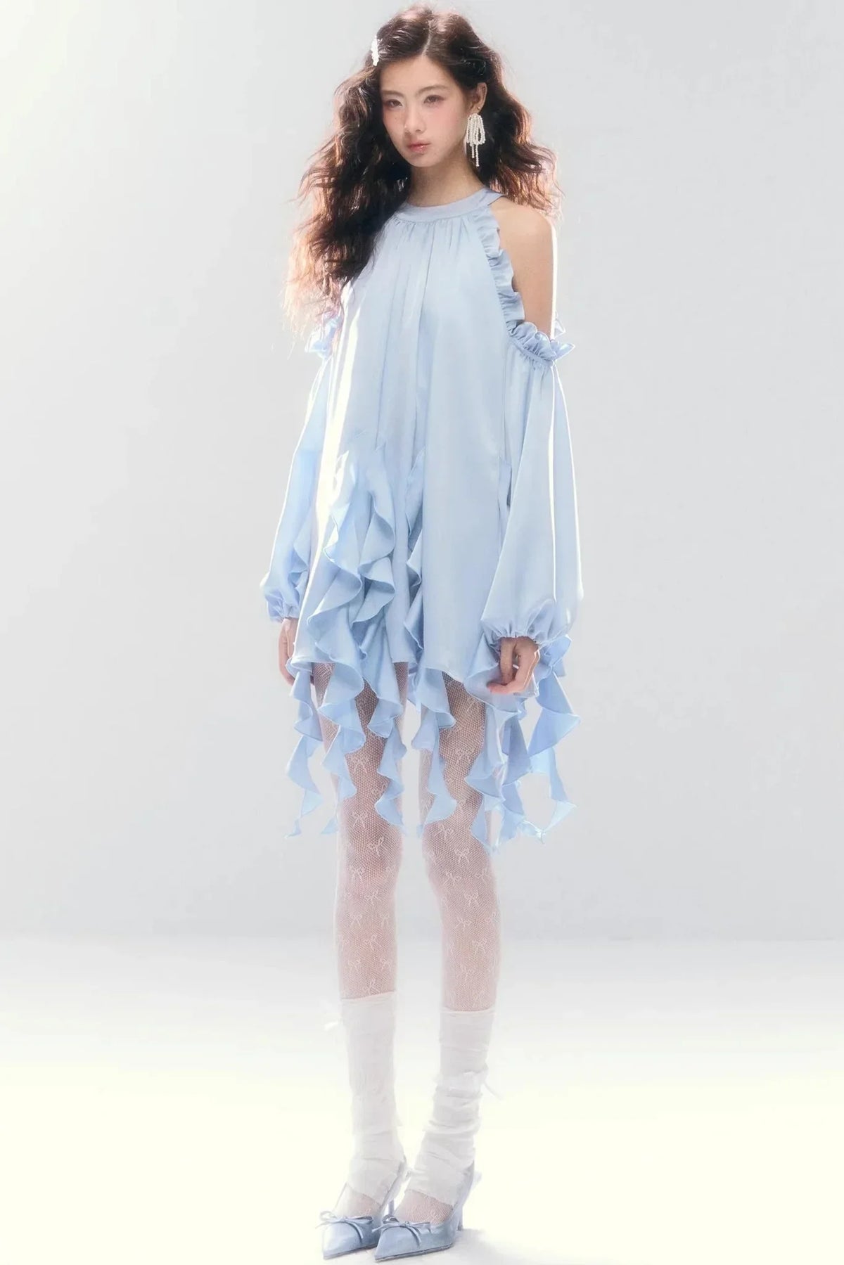 Satin Ruffled Off-Shoulder Dress