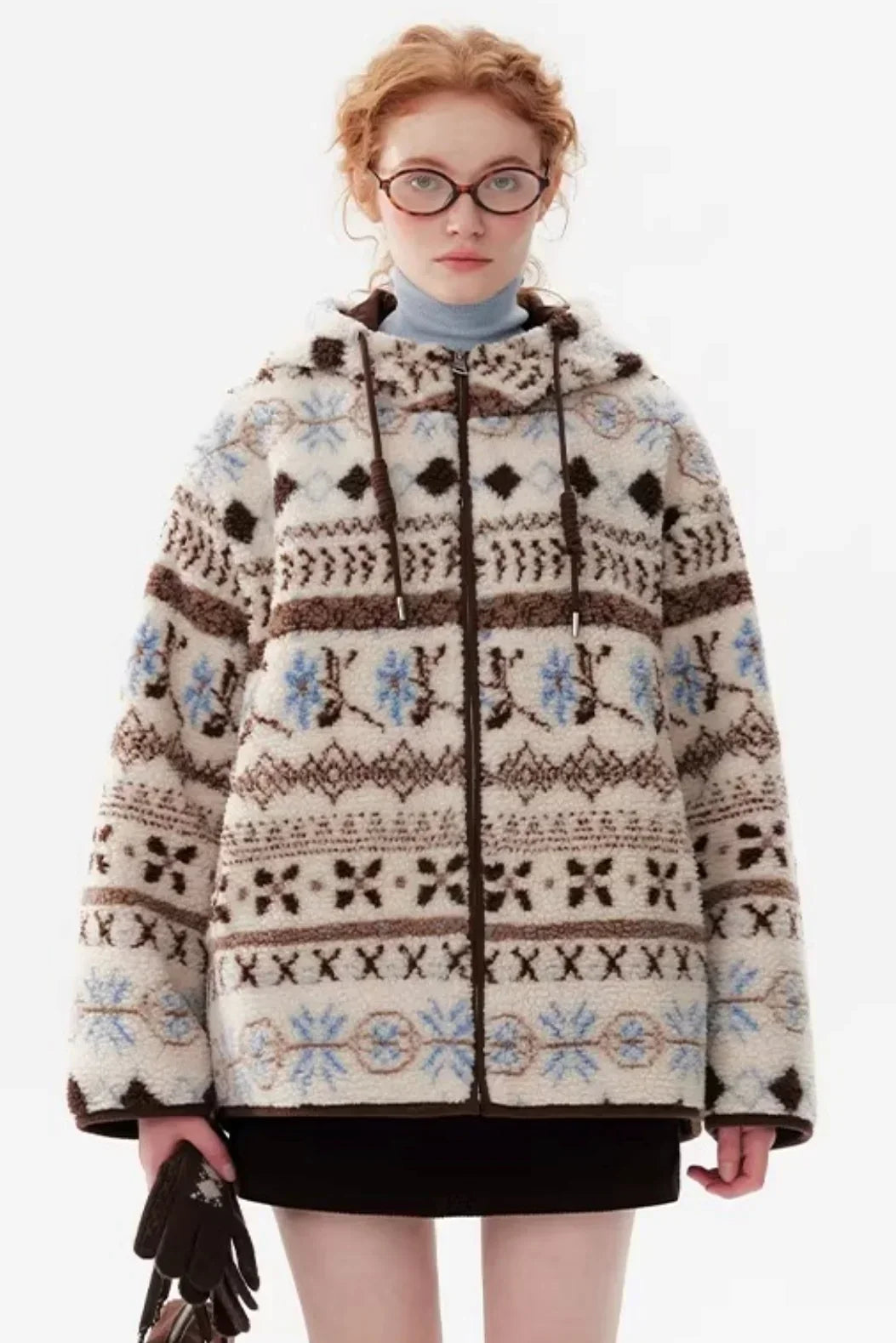 Scandinavian Snowflake Wool Hooded Coat