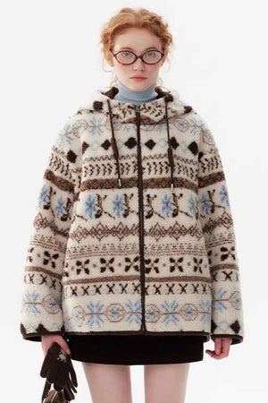 Scandinavian Snowflake Wool Hooded Coat