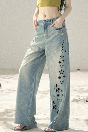 Sea Salt Butterfly Wide-Leg Jeans