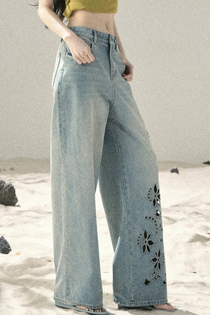 Sea Salt Butterfly Wide-Leg Jeans