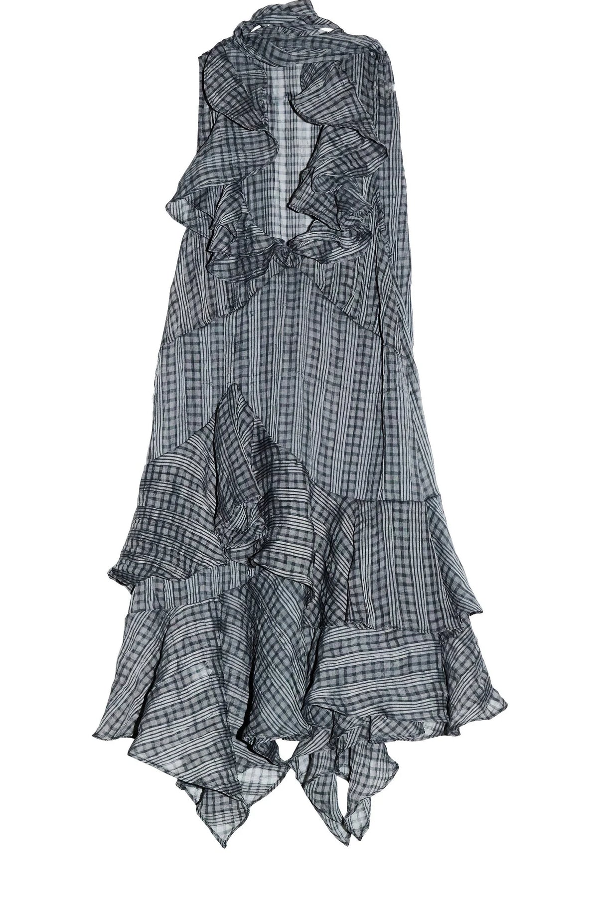 Semi-Sheer Plaid Ruffled Asymmetrical Hem Dress