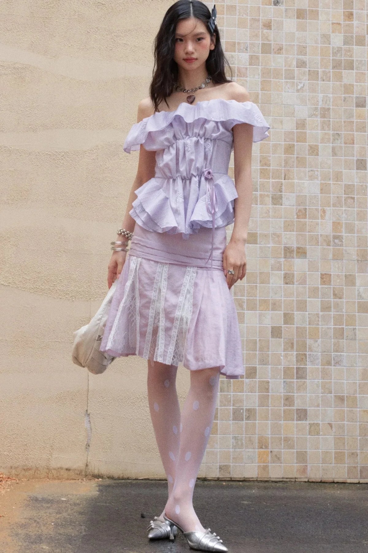 Semi-Transparent Lace Splicing Pleated Skirt