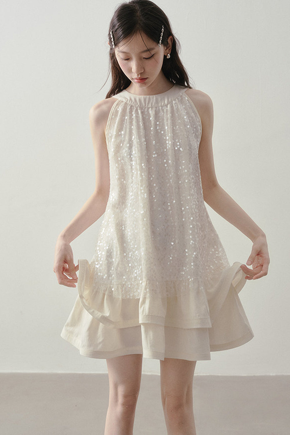 Sequin Halter A-Line Ruffle Short Dress
