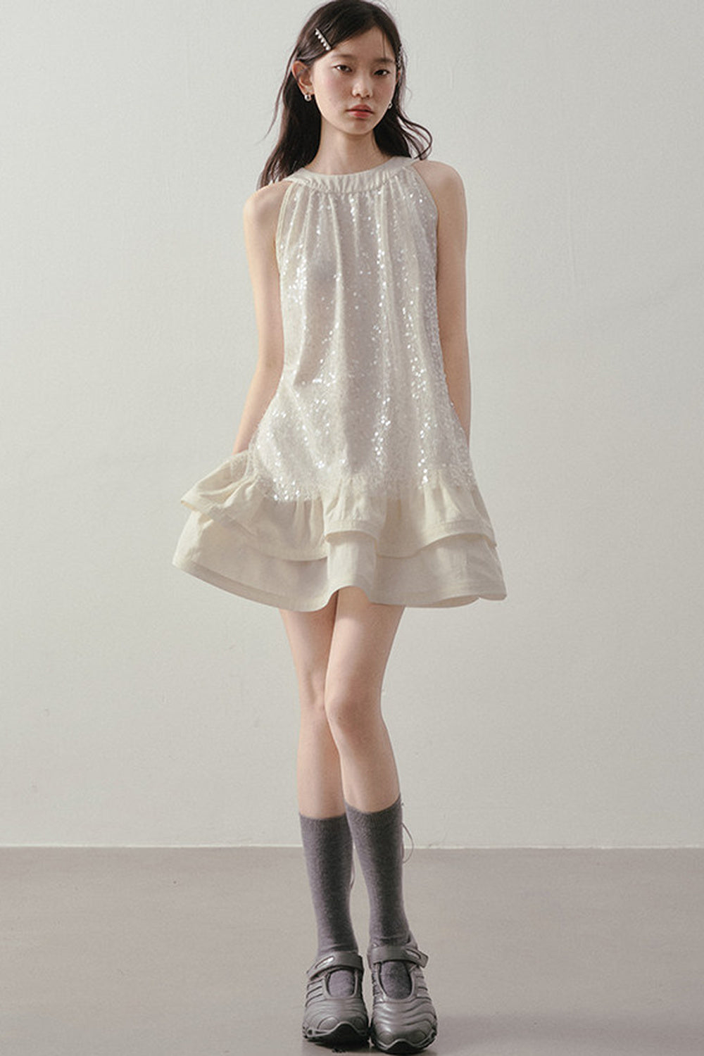 Sequin Halter A-Line Ruffle Short Dress