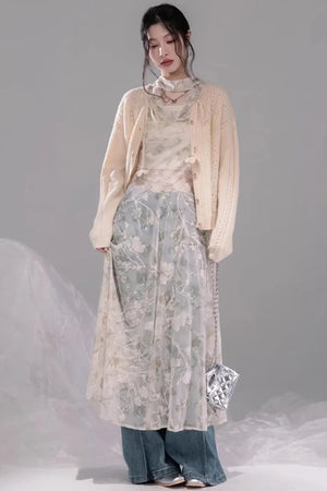 Sheer Apricot Mesh Dress Set