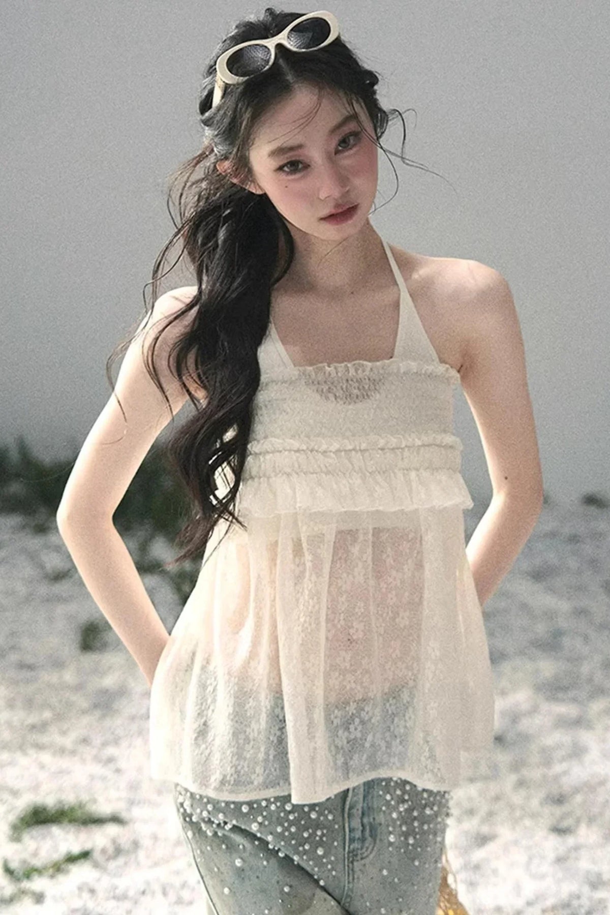 Sheer Lace Floral Top Set