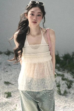 Sheer Lace Floral Top Set