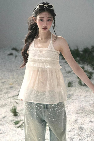 Sheer Lace Floral Top Set