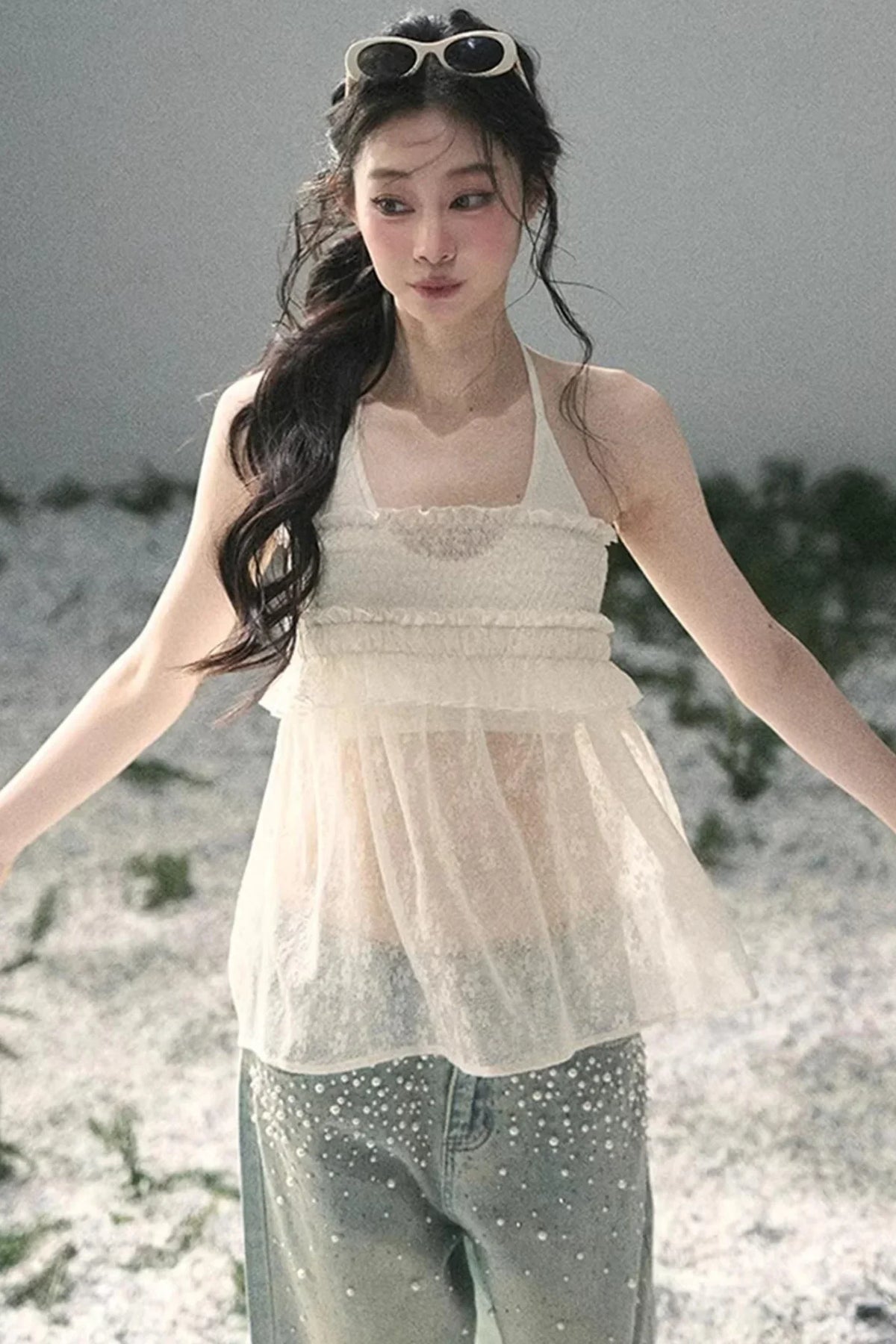 Sheer Lace Floral Top Set