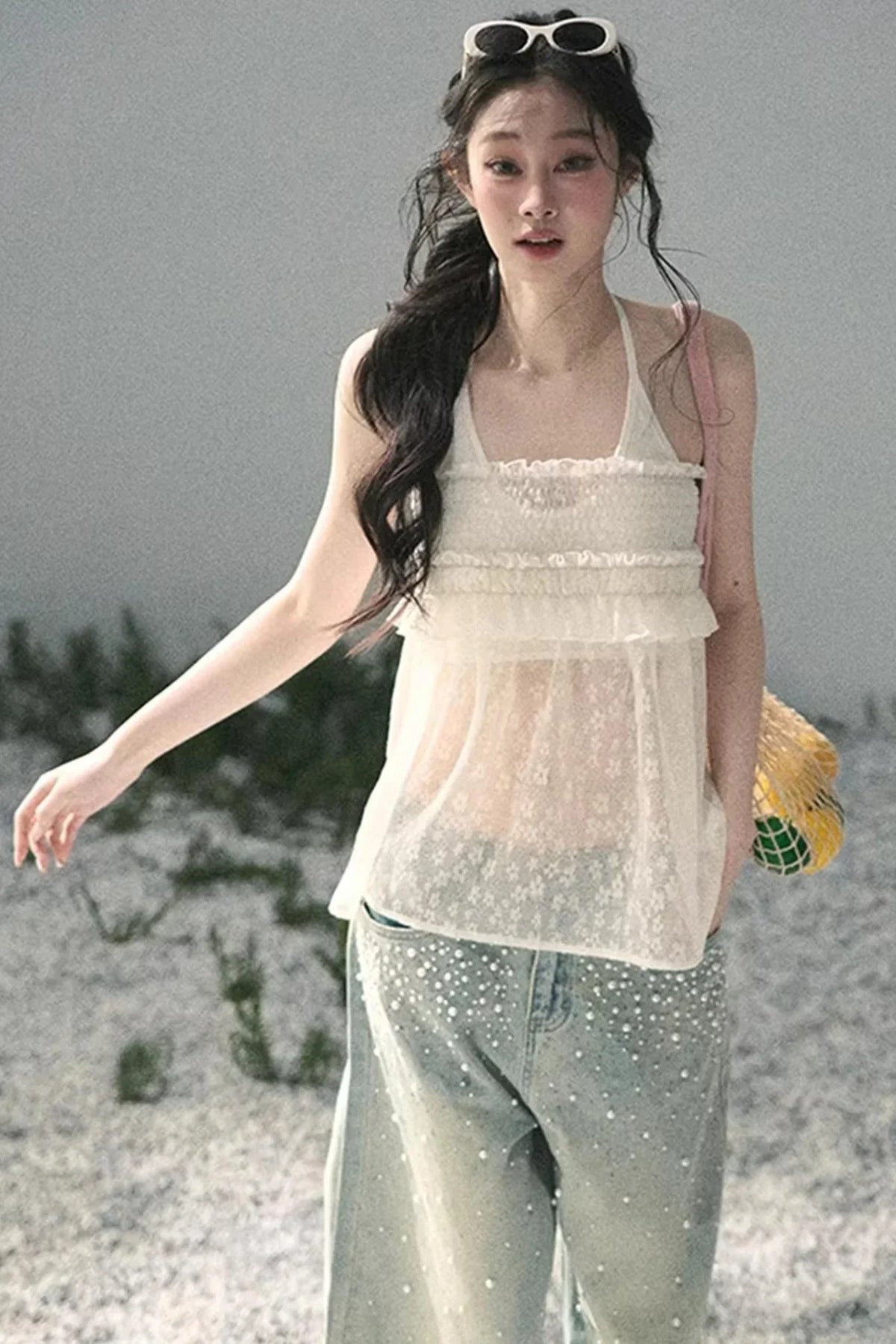 Sheer Lace Floral Top Set