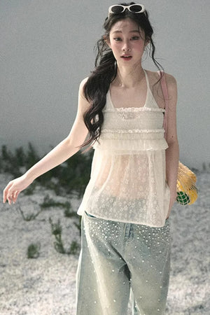 Sheer Lace Floral Top Set