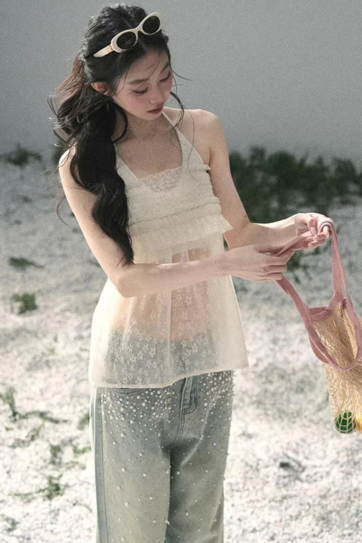 Sheer Lace Floral Top Set